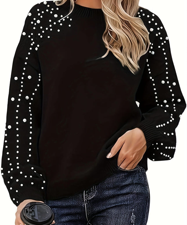 jkthpu-45 Plus Size Faux Pearl Elegant Women's Long Sleeve