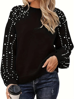 jkthpu-45 Plus Size Faux Pearl Elegant Women's Long Sleeve