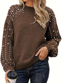 jkthpu-45 Plus Size Faux Pearl Elegant Women's Long Sleeve