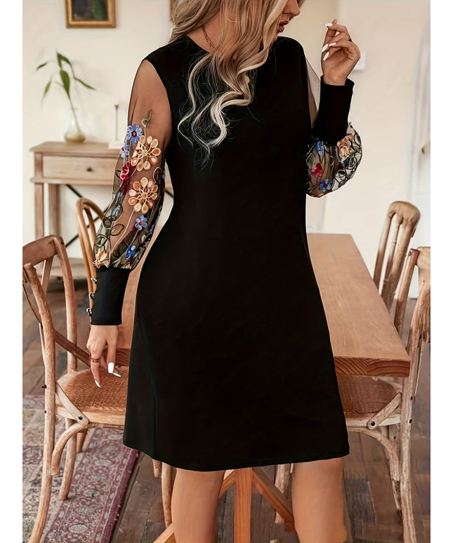 jkthpu-45 Plus Size Floral Embroidered Bodycon Mini Dress – Mesh Sleeves Black