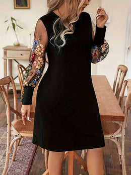 jkthpu-45 Plus Size Floral Embroidered Bodycon Mini Dress – Mesh Sleeves Black
