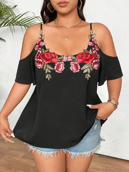 jkthpu-45 Plus Size Floral Embroidered OffShoulder Summer Tank Top