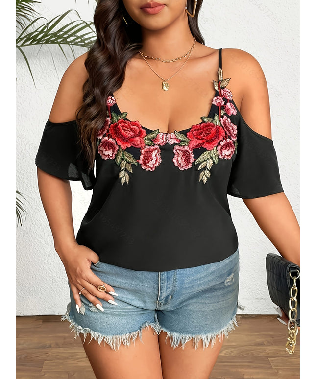 jkthpu-45 Plus Size Floral Embroidered OffShoulder Summer Tank Top