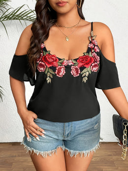 jkthpu-45 Plus Size Floral Embroidered OffShoulder Summer Tank Top