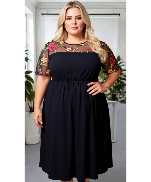 KissICON Plus Size Floral Embroidery Mesh Patchwork Dress – Cinched Waist Romantic Elegance