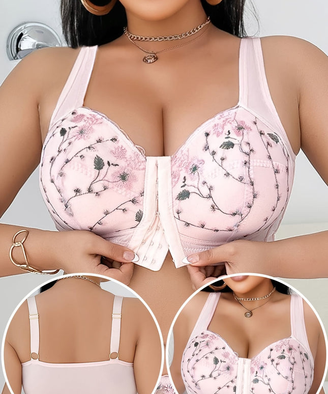 jkthpu-45 Plus Size Floral Lace Comfort Bra with Pink Bow