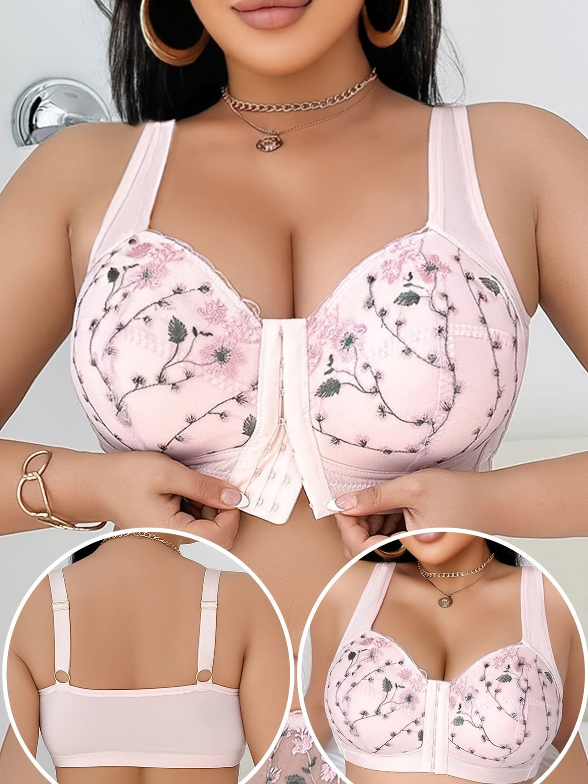 jkthpu-45 Plus Size Floral Lace Comfort Bra with Pink Bow