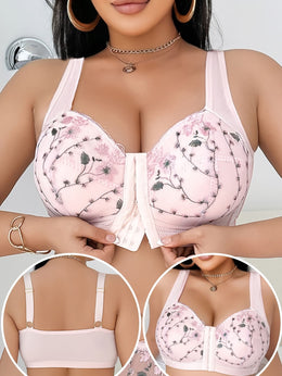 jkthpu-45 Plus Size Floral Lace Comfort Bra with Pink Bow
