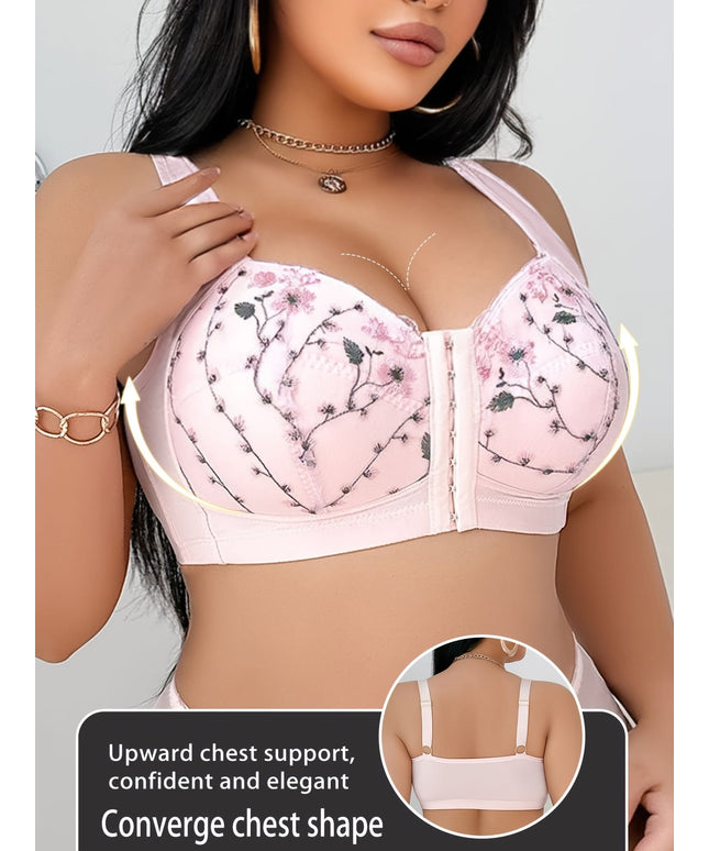 jkthpu-45 Plus Size Floral Lace Comfort Bra with Pink Bow