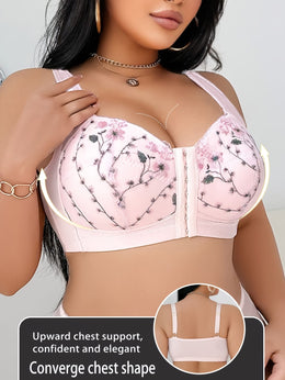 jkthpu-45 Plus Size Floral Lace Comfort Bra with Pink Bow