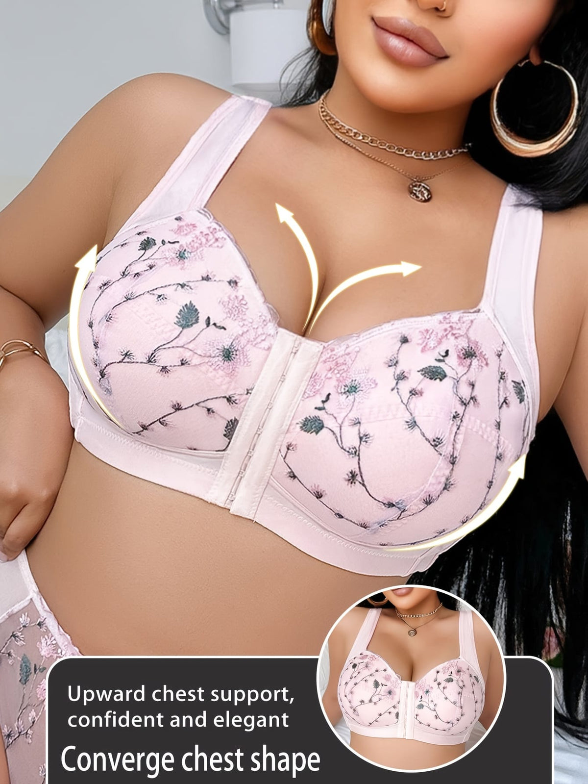 jkthpu-45 Plus Size Floral Lace Comfort Bra with Pink Bow