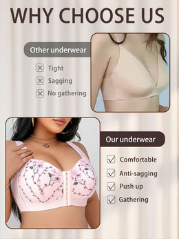 jkthpu-45 Plus Size Floral Lace Comfort Bra with Pink Bow