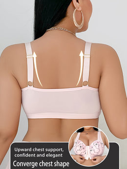 jkthpu-45 Plus Size Floral Lace Comfort Bra with Pink Bow
