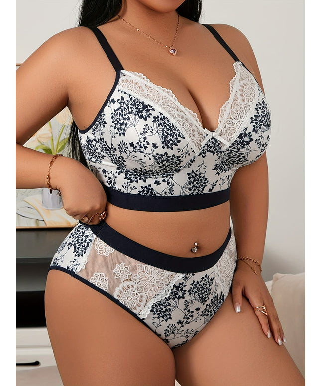 jkthpu-45 Plus Size Floral Lace Sexy Bra and Panty Set