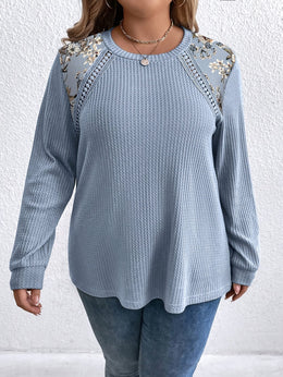 jkthpu-45 Plus Size Floral Mesh Blouse Elegant SpringFall Style