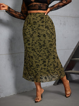 jkthpu-45 Plus Size Floral Mesh Flocked Midi Skirt – High-Waisted Flowing Design