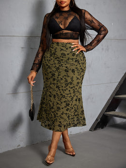 jkthpu-45 Plus Size Floral Mesh Flocked Midi Skirt – High-Waisted Flowing Design