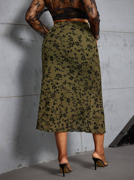 jkthpu-45 Plus Size Floral Mesh Flocked Midi Skirt – High-Waisted Flowing Design