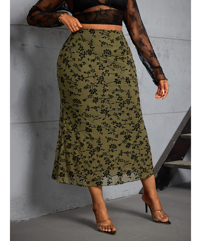 jkthpu-45 Plus Size Floral Mesh Flocked Midi Skirt – High-Waisted Flowing Design