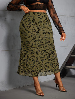 jkthpu-45 Plus Size Floral Mesh Flocked Midi Skirt – High-Waisted Flowing Design