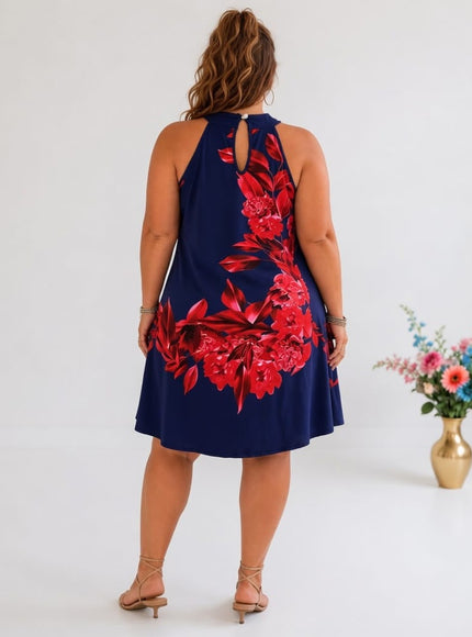 KissICON Plus Size Floral OffShoulder Button Back Print Dress