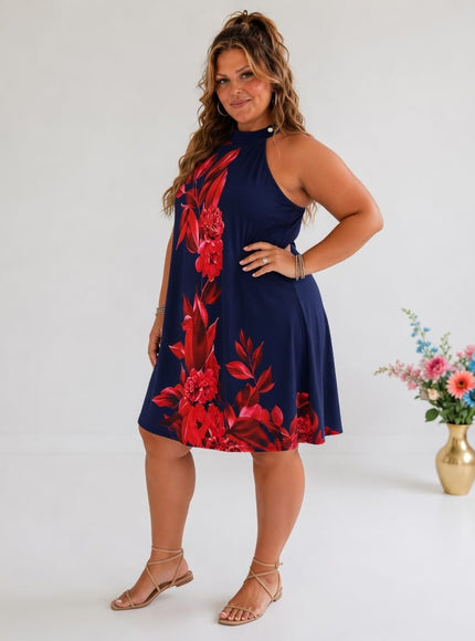 KissICON Plus Size Floral OffShoulder Button Back Print Dress