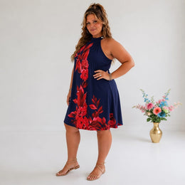 KissICON Plus Size Floral OffShoulder Button Back Print Dress