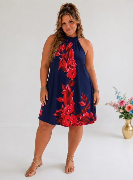 KissICON Plus Size Floral OffShoulder Button Back Print Dress