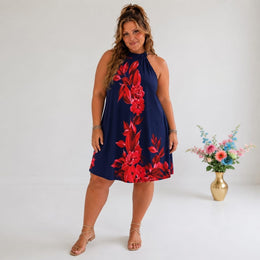 KissICON Plus Size Floral OffShoulder Button Back Print Dress