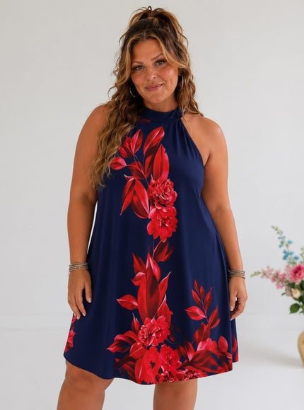 KissICON Plus Size Floral OffShoulder Button Back Print Dress
