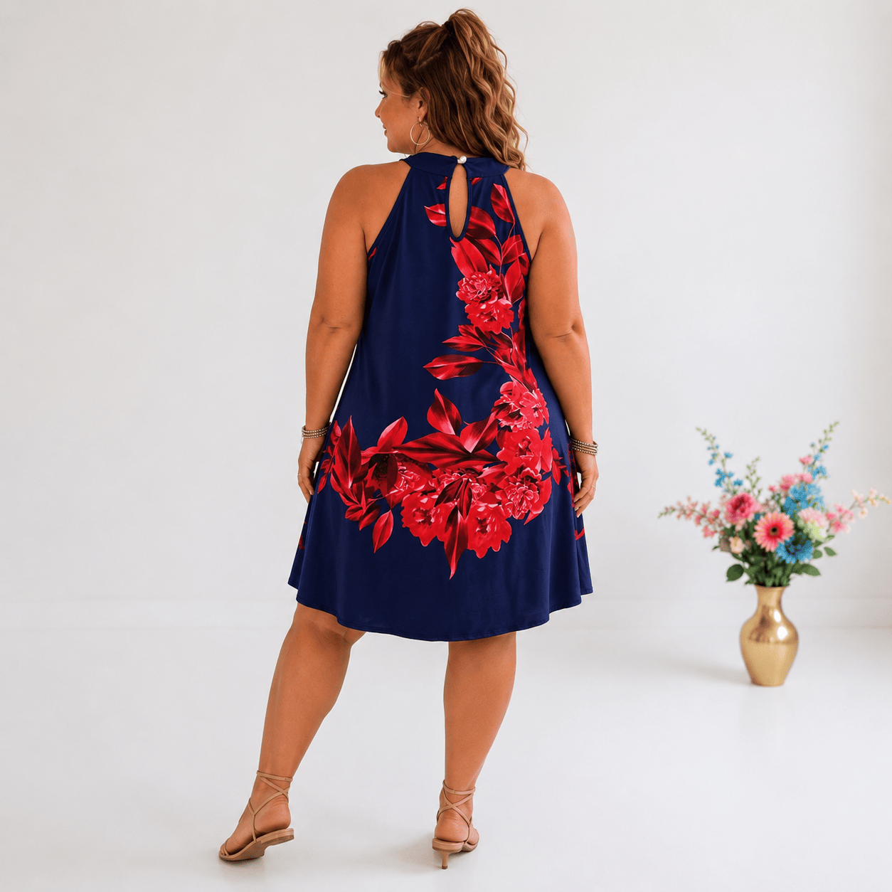 KissICON Plus Size Floral OffShoulder Button Back Print Dress