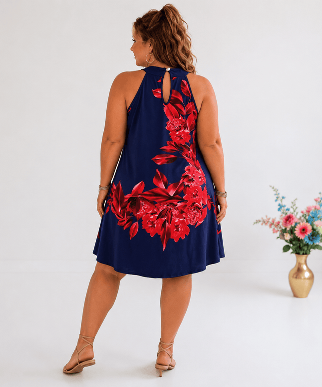 KissICON Plus Size Floral OffShoulder Button Back Print Dress