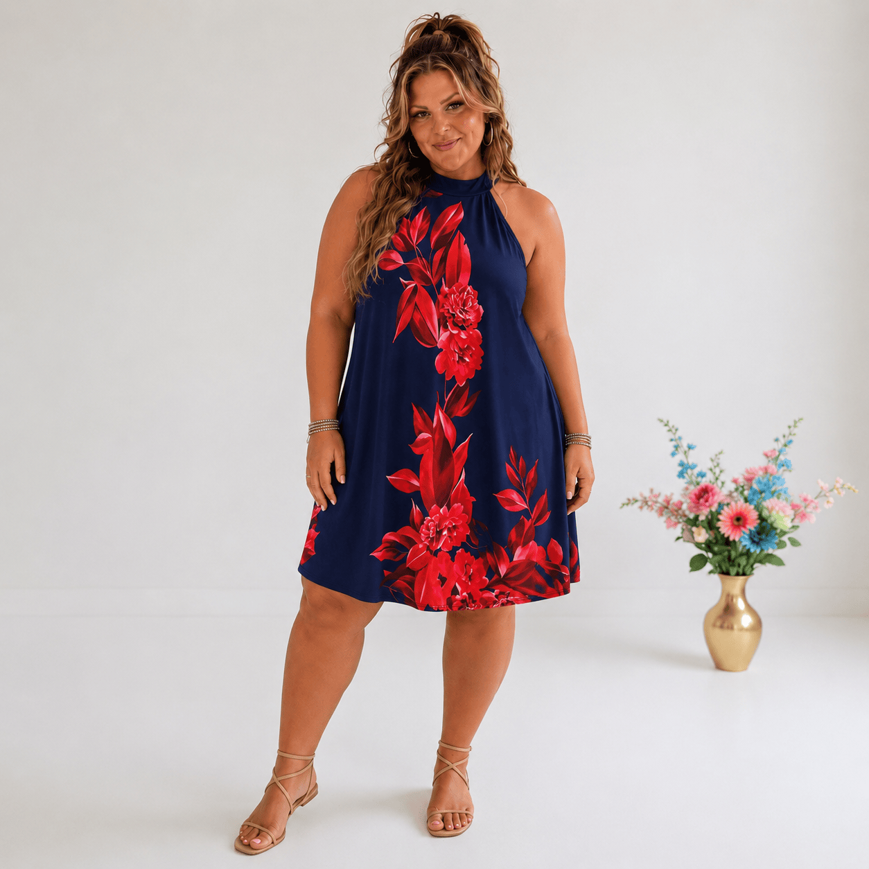 KissICON Plus Size Floral OffShoulder Button Back Print Dress