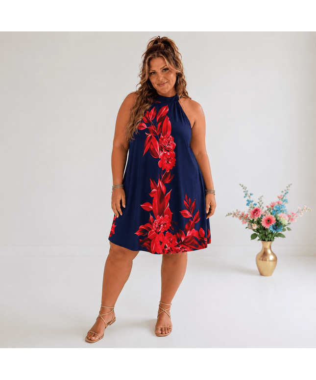 KissICON Plus Size Floral OffShoulder Button Back Print Dress