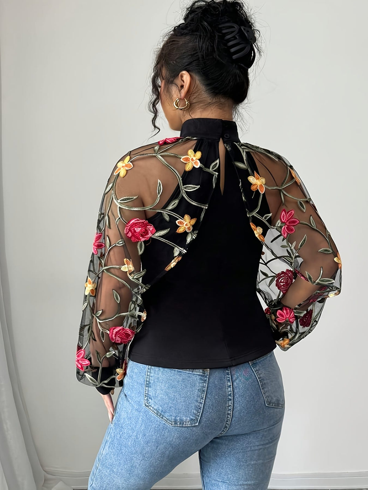jkthpu-45 Plus Size Floral Print Blouse – Mesh Sleeves High Neck Stretchy