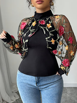 jkthpu-45 Plus Size Floral Print Blouse – Mesh Sleeves High Neck Stretchy