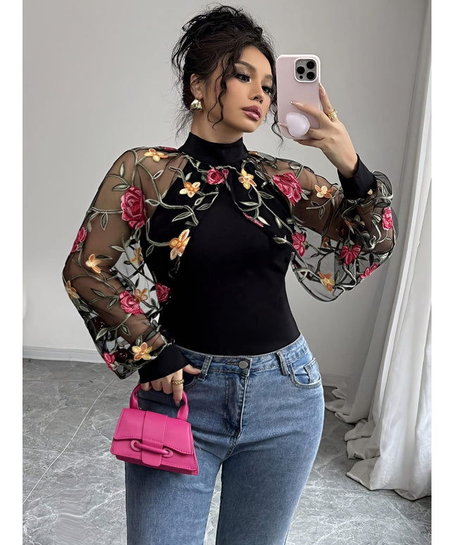 jkthpu-45 Plus Size Floral Print Blouse – Mesh Sleeves High Neck Stretchy