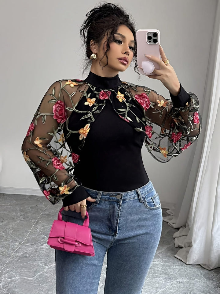 Plus Size Floral Print Blouse – Mesh Sleeves High Neck Stretchy