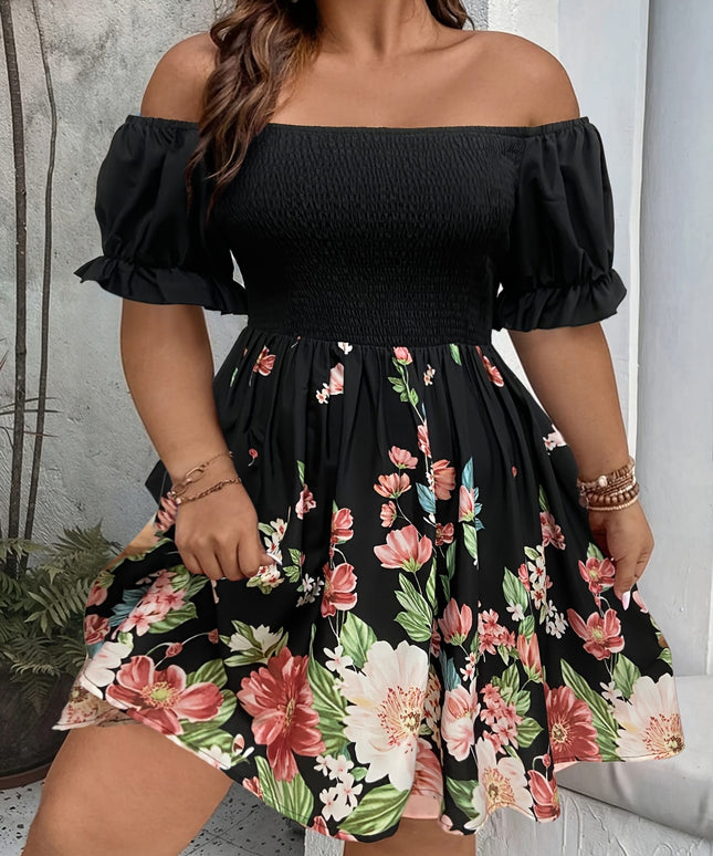 jkthpu-45 Plus Size Floral Print Off-Shoulder Ruffled Sleeve Dress - Fitted Bodice & Flowy Skirt, Machine Washable Elegant Casual to Formal Wear