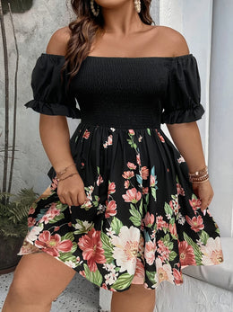 jkthpu-45 Plus Size Floral Print Off-Shoulder Ruffled Sleeve Dress - Fitted Bodice & Flowy Skirt, Machine Washable Elegant Casual to Formal Wear