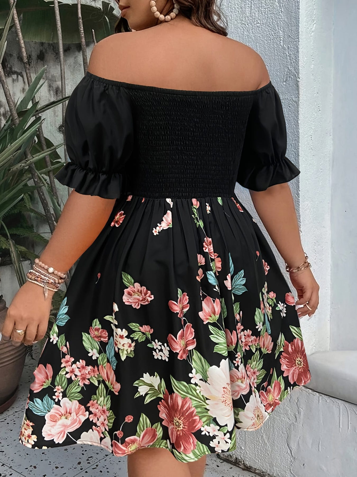 jkthpu-45 Plus Size Floral Print Off-Shoulder Ruffled Sleeve Dress - Fitted Bodice & Flowy Skirt, Machine Washable Elegant Casual to Formal Wear