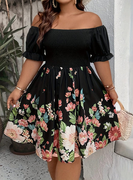 jkthpu-45 Plus Size Floral Print Off-Shoulder Ruffled Sleeve Dress - Fitted Bodice & Flowy Skirt, Machine Washable Elegant Casual to Formal Wear