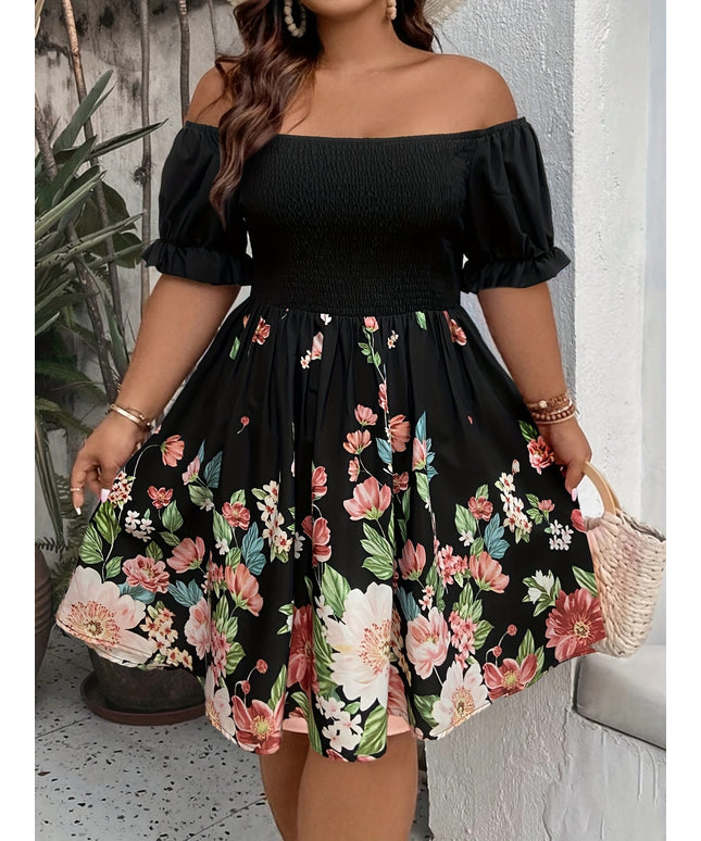 jkthpu-45 Plus Size Floral Print Off-Shoulder Ruffled Sleeve Dress - Fitted Bodice & Flowy Skirt, Machine Washable Elegant Casual to Formal Wear