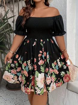 jkthpu-45 Plus Size Floral Print Off-Shoulder Ruffled Sleeve Dress - Fitted Bodice & Flowy Skirt, Machine Washable Elegant Casual to Formal Wear