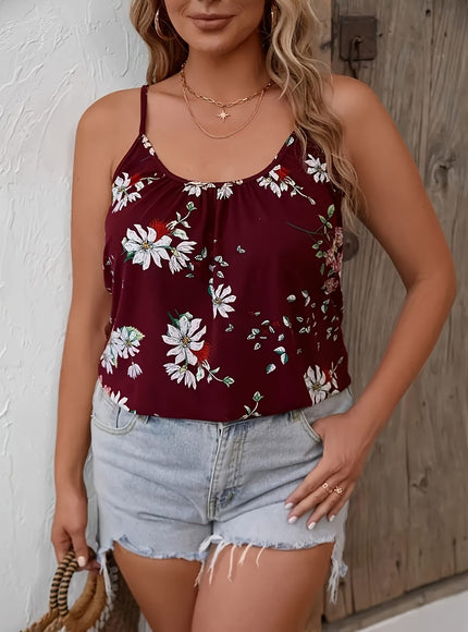 jkthpu-45 Plus Size Floral Print Sleeveless Cami Top for