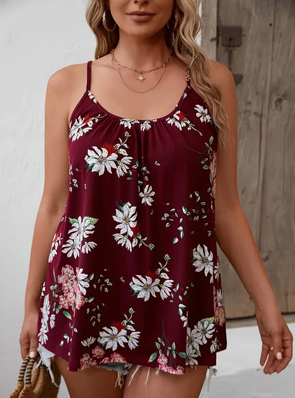 jkthpu-45 Plus Size Floral Print Sleeveless Cami Top for
