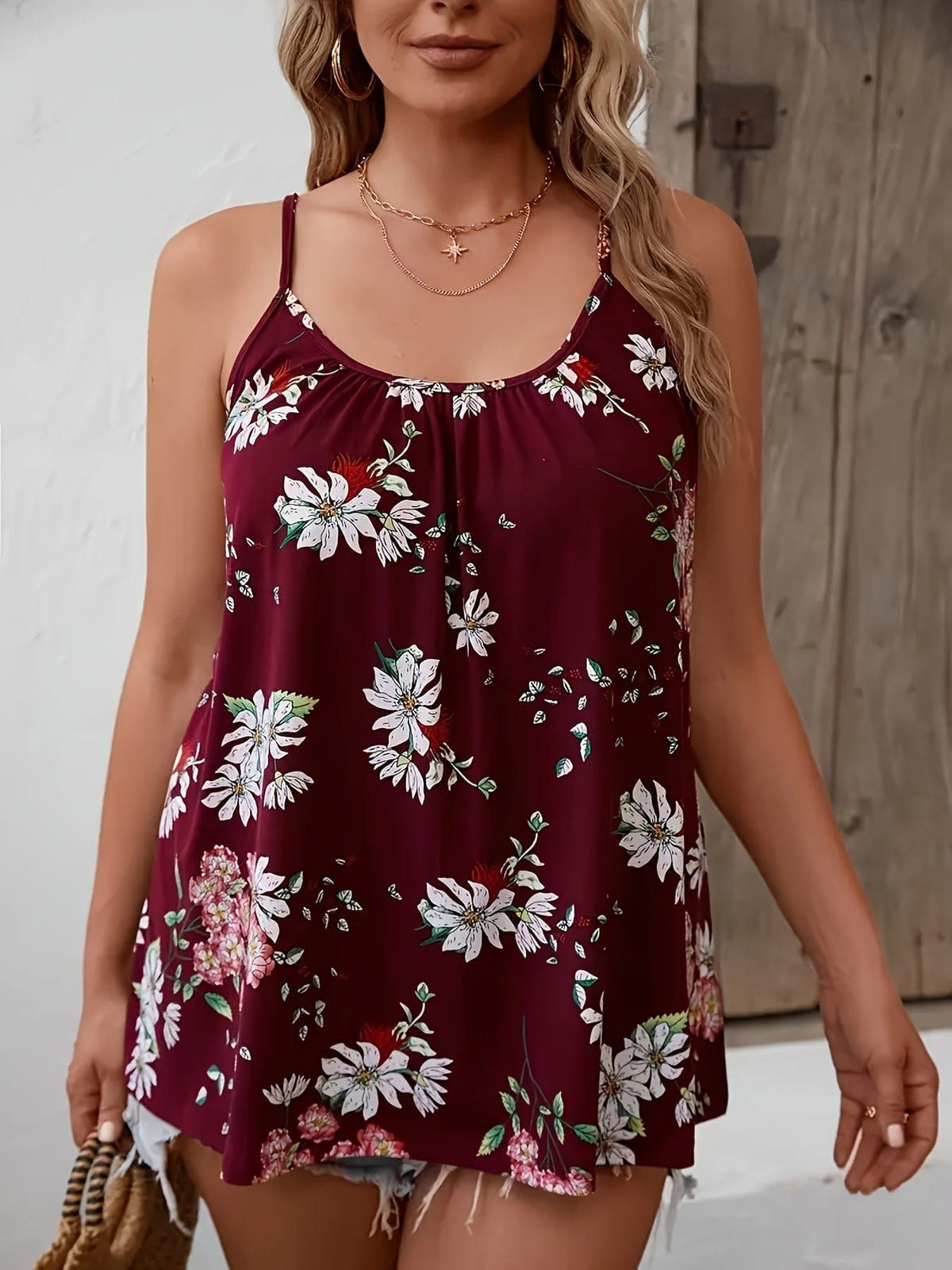 jkthpu-45 Plus Size Floral Print Sleeveless Cami Top for