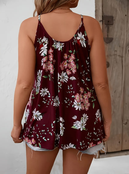 jkthpu-45 Plus Size Floral Print Sleeveless Cami Top for