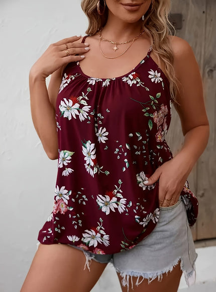 jkthpu-45 Plus Size Floral Print Sleeveless Cami Top for