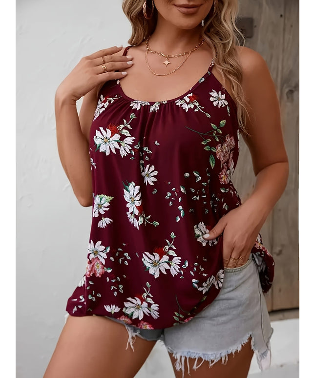 jkthpu-45 Plus Size Floral Print Sleeveless Cami Top for